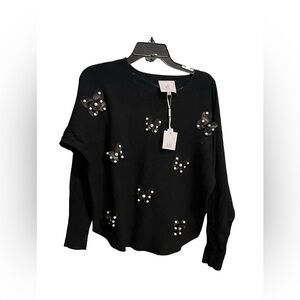 LIV Black Sweater with Faux Leather Flower Cut Outs with pearls